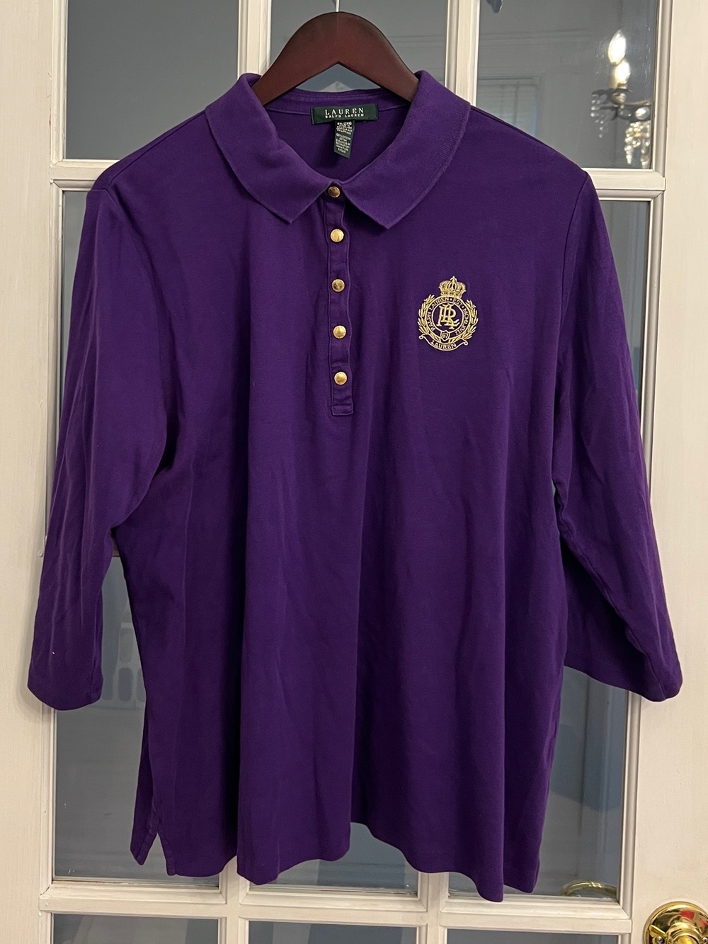 LAUREN RALPH LAUREN Women’s Purple Gold Crest 3/4 Sleeve Polo Top 2X